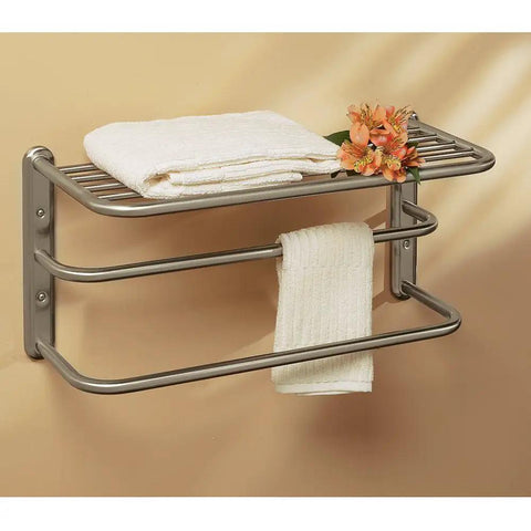 Dual Function Towel Rack And Shelf In Satin Nickel, 10 Inch By 20 Inch Wall Mount Bathroom Organizer For Towels And Toiletries