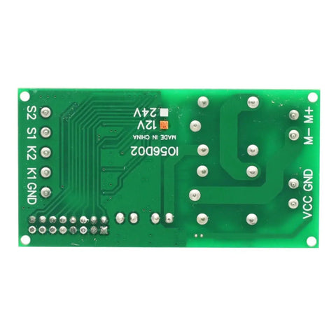 12V 24V DC Motor Controller Relay Board With Forward And Reverse Control Limit Switch Start Stop Push Button And Self Locking Mode For Electric Curtains And Automatic Doors Plus Auto Start On Power On, green PCB back view