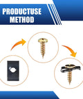 Auto Barn Essential 170 Piece Car Screw Clips Kit method diagram showing gold screw, black clip, and fastening process.