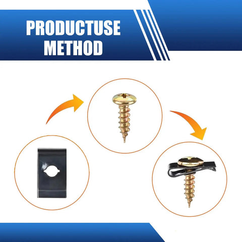 Auto Barn Essential 170 Piece Car Screw Clips Kit method diagram showing gold screw, black clip, and fastening process.