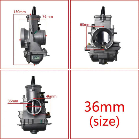 Universal Carburetor Kit 34 36 38 40 42mm dimensions and front view for PWM36mm shift karts and racing motorcycles