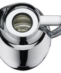 Top view of One Hand Pour Glass Vacuum Carafe 1 Liter Capacity With Chrome Plated Brass Thermal Dispenser Keeps Coffee Hot 12 Hours Cold 24 Hours Easy Screw Stopper For Spill Free Pour Metallic Finish