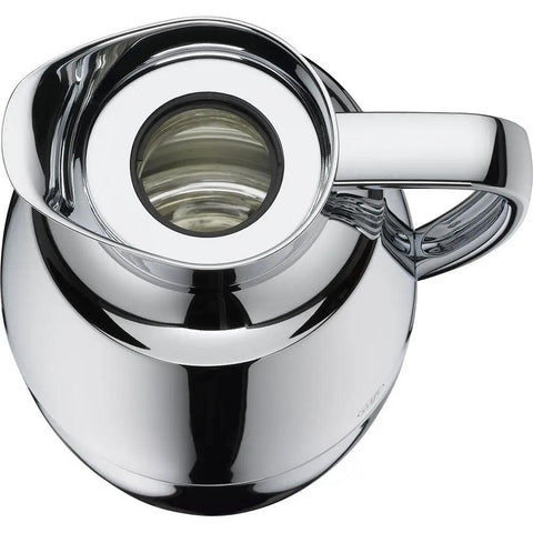 Top view of One Hand Pour Glass Vacuum Carafe 1 Liter Capacity With Chrome Plated Brass Thermal Dispenser Keeps Coffee Hot 12 Hours Cold 24 Hours Easy Screw Stopper For Spill Free Pour Metallic Finish