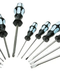 Stainless Steel Screwdriver Set 3334 12 Piece With Blue Handles, Go To Kit For DIYers And Pros, Magnetic Tips displayed in a fan