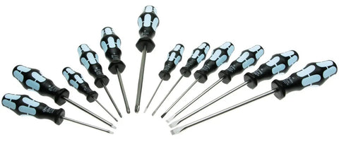 Stainless Steel Screwdriver Set 3334 12 Piece With Blue Handles, Go To Kit For DIYers And Pros, Magnetic Tips displayed in a fan
