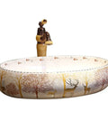 USZWBY Vessel Sinks Bathroom Vessel Sink Forest Art Countertop Basin Nordic Ceramic Washbasin Utensils with Faucet Bathroom Bowl Sink close-up with artistic deer design.