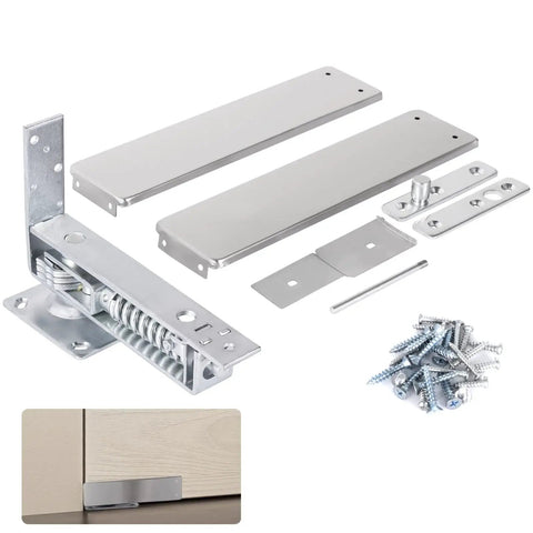 Heavy Duty Double Action Door Hinge with Self Closing, Stainless Steel, parts and screws visible, fits wood doors 1.25 to 1.75 inches thick