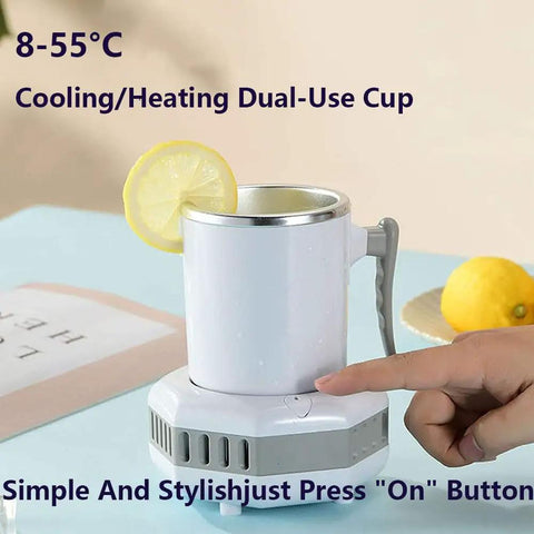 Self Heating And Cooling Smart Mug Keeps Your Beverage On Point With One Button 14 Oz Portable Thermoelectric Cup For Office Desk Home Use Ideal Gift In Fresh Green on a table with lemon slice.