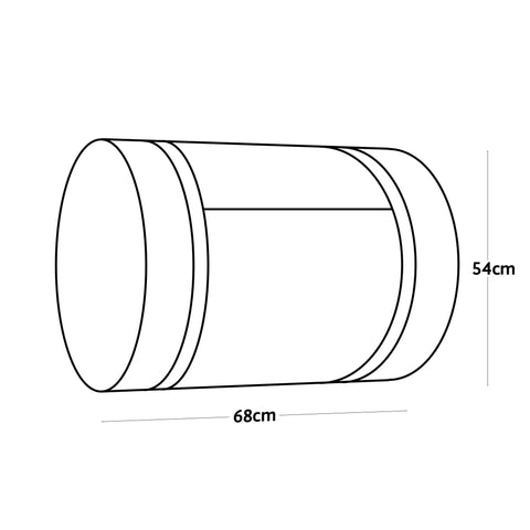 Line drawing of Roll Mix Compost Bin Tumbler for Home Garden Green 41 Gallon Capacity 26 Inches Wide, dimensions 68cm by 54cm.