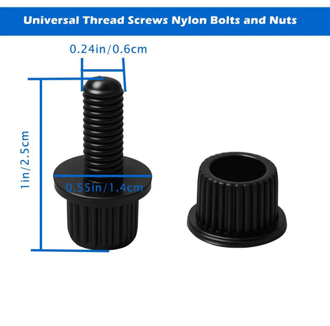 Black corrosion resistant components from Durable Nylon License Plate Screws Bolts Nuts Kit For Motorcycle And Bike Frame No Tools Needed Quick And Easy Install With Corrosion Resistant Plastic Fasteners Holder Bolt Black And White, showing measurement labels.