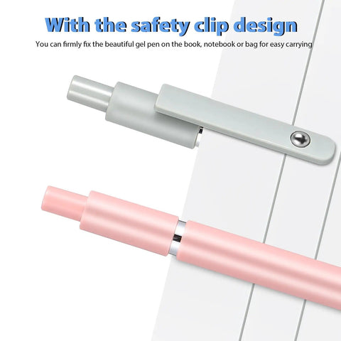 Close-up of retractable gel ink pens with refills for smooth quick dry writing leak free and smudge resistant office and school supplies.