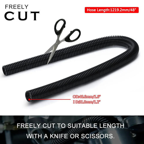 Hypertune universal 48-inch stainless steel radiator hose, black flexible coolant tube; scissors shown, includes clamps