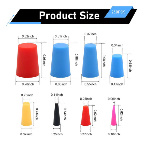 High Grade Silicone Rubber Tapered Plugs Assortment Kit 250 Pcs Heat Resistant Stoppers Protect Holes From Dust Paint Sprays And Coating Jobs With Durable Flexible Plugs For Any Size Gap Up To Half Inch., size chart of silicone tapered plugs in multiple colors with inch measurements