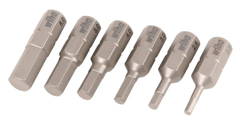 Six Piece Metric Hex Insert Bit Set with Exact Fit Tips and Hardened CRM-72 Tool Steel Through Hardened for Durability Compact Carded Package Includes 2.0 2.5 3.0 4.0 5.0 6.0 mm Bits displayed