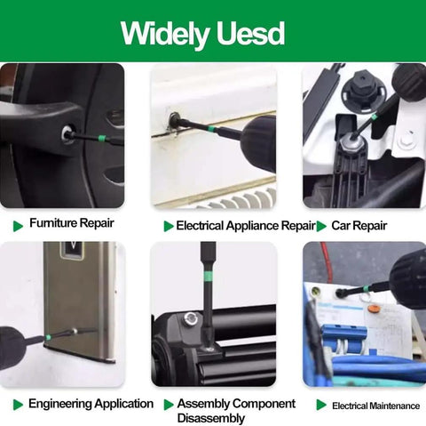 Six Piece Heavy Duty Magnetic Hex Shank Screwdriver Bits Set Featuring Pagoda Shaped Sockets For Electric Drills And Impact Drivers, shown in various repair uses.