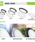 Model range of LED disk lights showing different sizes and finishes including Low Profile 9.5 Inch LED Disk Light Kit, Dimmable 20W.