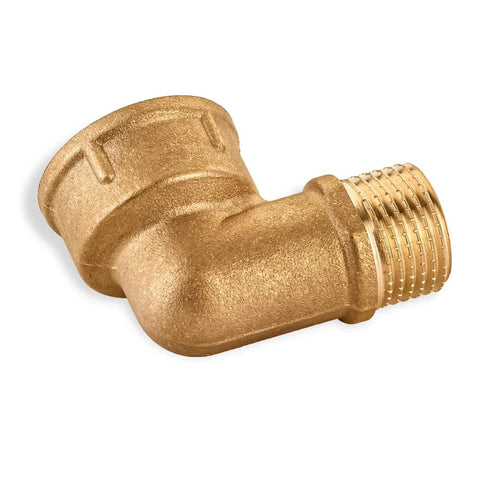 Brass 90-degree pipe elbow, side view, 1/2 in male x 3/4 in female NPT, Amazon brand