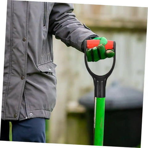 Person holding a shovel with Two Pack D Shaped Shovel Handle Grips Replacement For Garden Tools, Comfortable Non Slip Handles.