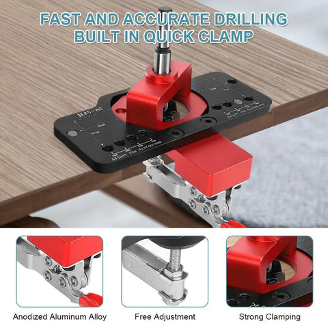Tough As Nails 35mm Concealed Door Hinge Jig Drill Guide Template With Bulletproof Locking Clip on wooden surface, showing anodized aluminum alloy