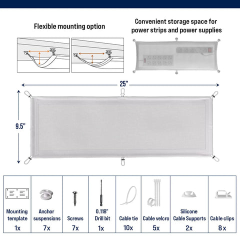 Under Desk Cable Management Net Flexible Wire Organizer Tray White with installation kit and flexible mounting options shown