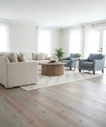 Pro Grade Reactive Water Based VOC Free Wood Stain For Pine Delivers A Sweet Rustic Weathered Gray Brown Look With Zero Sweat Application covering a light-filled living room with furniture.