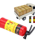 Dope Scale RC Car Fire Extinguisher Prop Lightweight Portable Rescue Gear Realistic Red Decor Solid Build For Axial Scx10 Wpl Mn Rock Crawlers Beast Mode Setup next to truck with boxes.