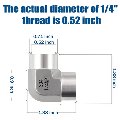 Diagram of Stainless Steel 90 Degree NPT Elbow Pipe Fitting One Quarter Inch Female to Female with measurements