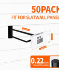 Front view of Heavy Duty 6 Inch Slatwall Hooks With Label Holder 50 Pack Double Bar Black Metal Slatwall Hangers for retail display.