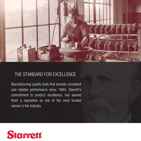 A vintage metalworker with Starrett tools, highlighting precision and quality tools since 1880, Starrett logo displayed.