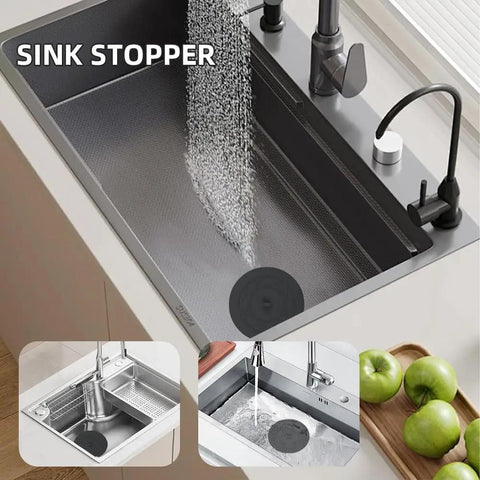 Heavy Duty Silicone Tub Stopper Two Pack Standard Six Inch Drain Plug Bulletproof Hair Catcher in kitchen sink.