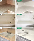 Tub And Tile Refinishing Kit With Odorless White Finish for DIY bathtub repair and refacing shown on countertops and sinks before and after use