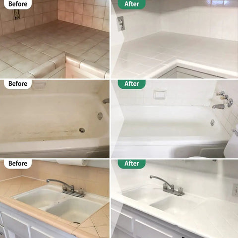Tub And Tile Refinishing Kit With Odorless White Finish for DIY bathtub repair and refacing shown on countertops and sinks before and after use