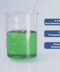 10,000ml Low Form Beaker With Heavy Duty Borosilicate Glass Wide Mouth Anti Spill Rim Laser Etched 0 To 10000ml Graduations Pro Grade Lab Gear For Chemistry Industrial And Home Use partially filled with green liquid and glass rod.