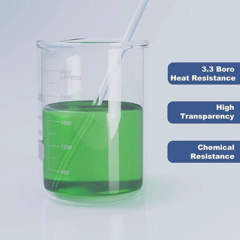10,000ml Low Form Beaker With Heavy Duty Borosilicate Glass Wide Mouth Anti Spill Rim Laser Etched 0 To 10000ml Graduations Pro Grade Lab Gear For Chemistry Industrial And Home Use partially filled with green liquid and glass rod.