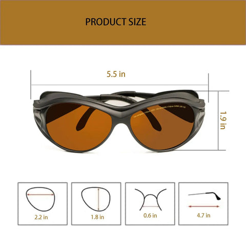 Badass OD5 Laser Safety Goggles With Solid Black Frame Block Dangerous UV And IR Rays From 190 To 540 Nm And 800 To 1700 Nm product size guide with measurements.