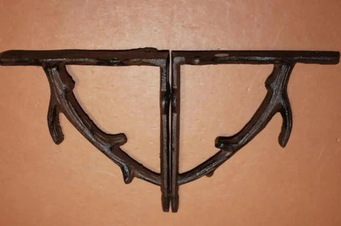 Tree Branch Themed Shelf Brackets Set Of Six, Heavy Duty Rustic Steel Supports For Open Shelves, Model B76 side view.