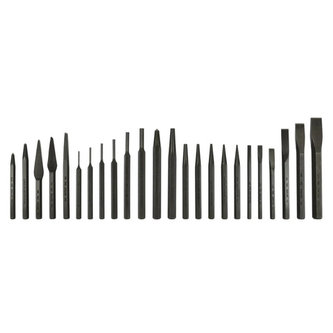 Dang Tough Punch And Chisel Kit With Black Oxide Finish features various cold chisels and pin punches arranged neatly.