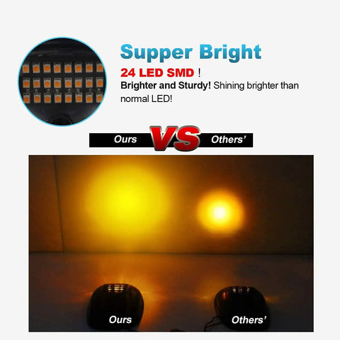 Comparison of light output of Amber 24 LED Smoke Cab Roof Marker Lights Kit With Wire Harness showcasing brighter illumination than others.