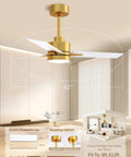 42 Inch Gold Ceiling Fan With Lights And Remote in a modern room setting, showcasing 6 Speed Reversible Quiet DC Motor and LED lighting
