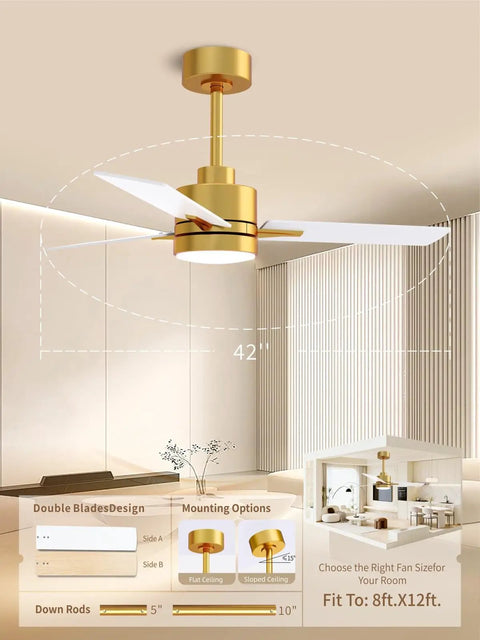 42 Inch Gold Ceiling Fan With Lights And Remote in a modern room setting, showcasing 6 Speed Reversible Quiet DC Motor and LED lighting