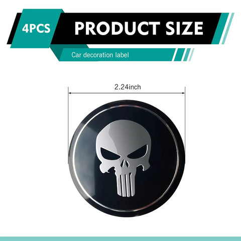 Beater Proof Full Set 4 Piece Wheel Center Hub Cap Covers Heavy Duty Steel Fits 56Mm Rims showing a 2.24 inch black cap with skull design.