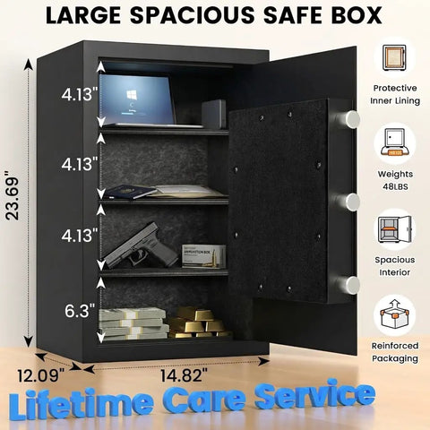 60 Minute Fireproof Safe For Home And Office That Keeps Your Stuff Safe, 23.69 Inch Tall with Open Door Showing Shelves and Lock
