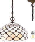 Tiffany Style Cream Amber Bead Stained Glass Pendant Light Fixture, 12 Inch Wide Shade, 32 Inch Hanging Cord With 24 Inch Chain