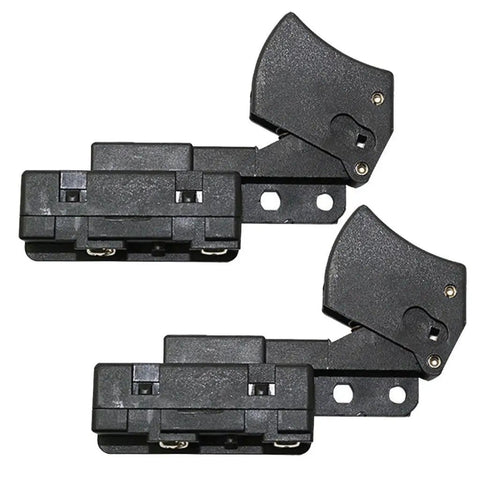 Top Shelf Sw77 On And Off Switch Two Pack Genuine Replacement Compatible With Skil 2610321608 close-up view of black power tool switches.