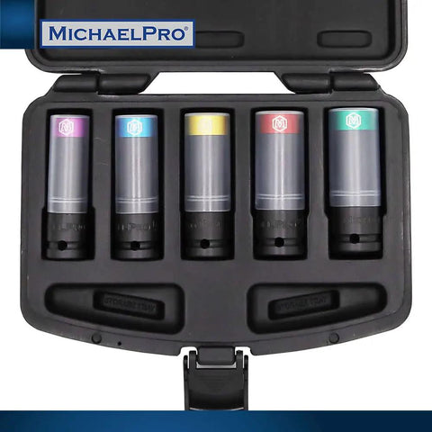 5-Piece Pro Grade Power Impact Lug Nut Socket Set with 1/2 Inch Drive in open black case, color coded for quick ID.