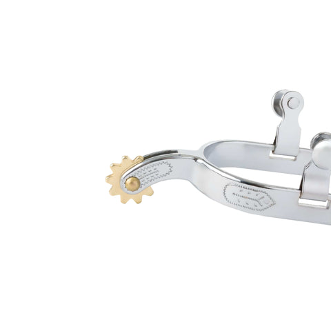 Kids Spur Set Chrome Plated With Engraved Band, 1 1/4 Inch Shank, 1/2 Inch Wide Band, 10 Point Rowel, Sold Per Pair, Kid Friendly Equestrian Spurs For Young Riders, Durable And Safe Chrome Finish