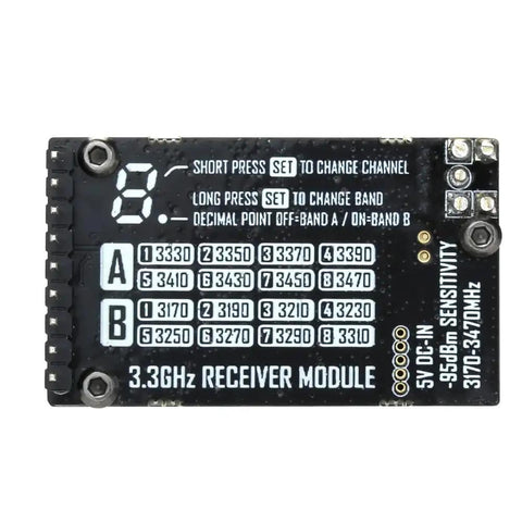 OverShoot 3.3G 4W VTX With IRC Tramp Protocol 7 To 30V Input 3.3GHz VRX Glasses Module displaying frequency bands