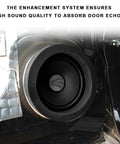 Close-up of 6.5 inch Car Speaker Foam Seal installed over a speaker for soundproofing using 2 Pack 6.5 Inch Car Speaker Foam Seals Slick Self Adhesive Damping Rings High Rebound Soundproof Baffles For Crisp Audio And Tight Ride Dampening In Any Stereo Setup.