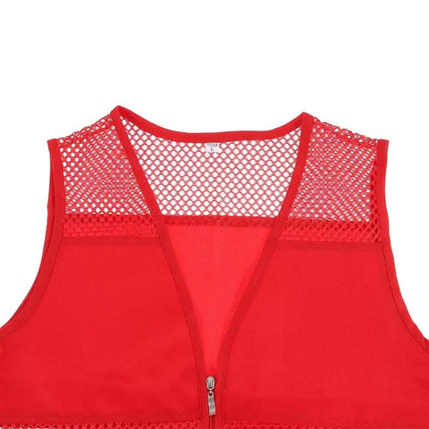 Top Shelf High Visibility Safety Vest Built To Last In Bold Red Mesh Heavy Duty Work Wear With Snug Pockets front view showcasing breathable mesh.