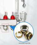 Detail of the Six Loop Radiant Floor Heating Manifold with detachable adapters in 304 stainless steel, corrosion resistant design.